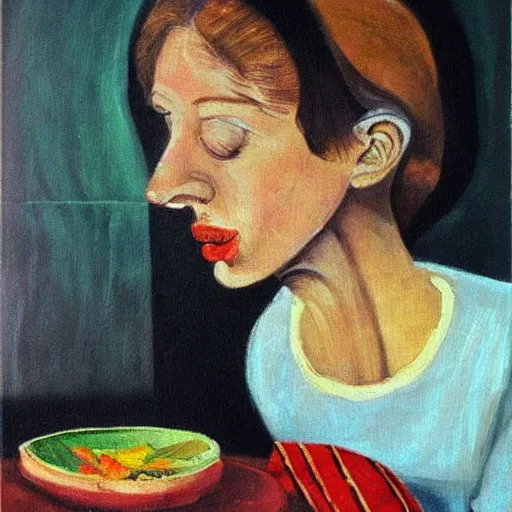 Image similar to a Picaso's painting about a women eating, hyperdetailed, award winner