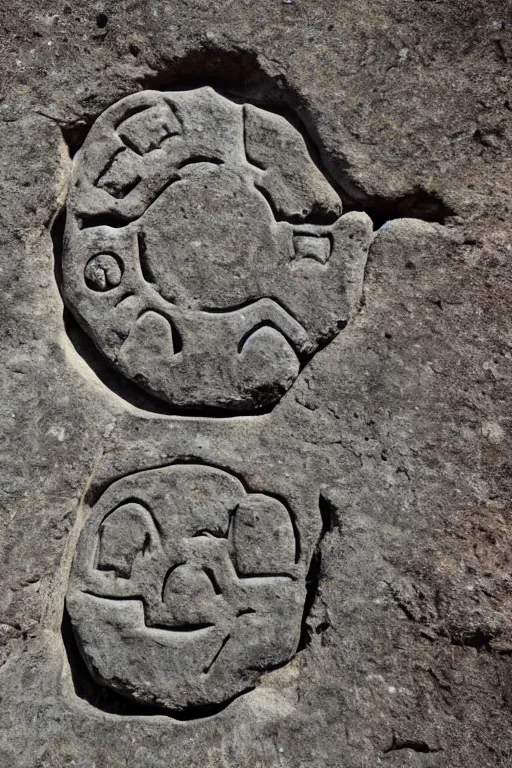 Prompt: 4 k photography of petroglyphs representing crosses, ufo, yin yang symbol on a cave