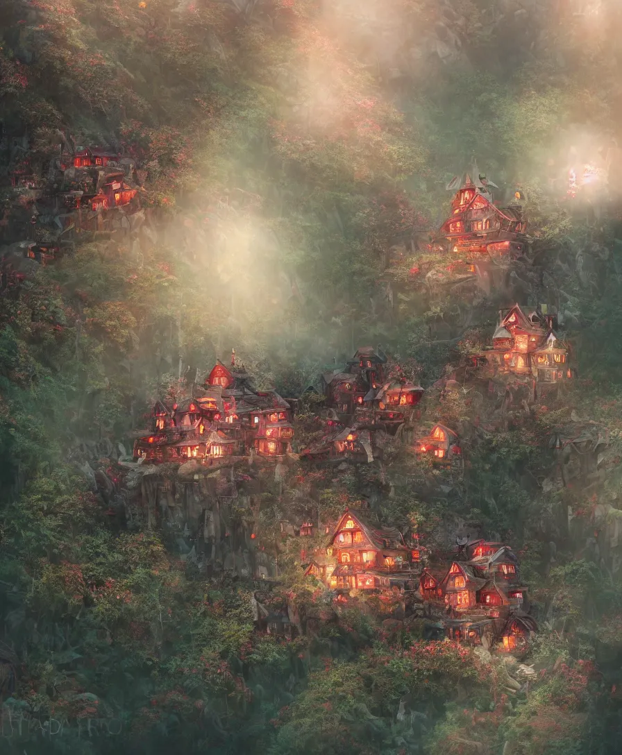 Prompt: of a beautiful big scary Hyperrealistic castle made of ruby diamonds on top of a hill in the middle of a dark and creepy forest with little colorful shack huts at the lower regions, macro lens, highly detailed, digital painting, trending artstation, concept art, illustration, cinematic lighting, vibrant colors, photorealism, epic, octane render