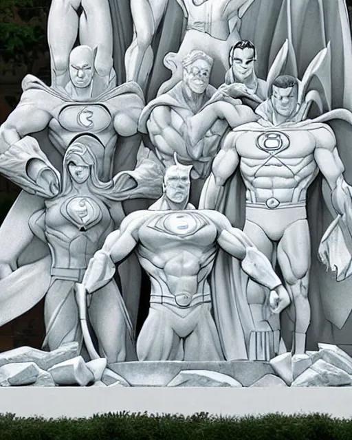 Image similar to a giant white marble sculpture depicting the Justice league, detailed, intricate Marble sculptures of Green Lantern, Flash, Superman, Batman, Wonder Woman, Aquaman and Martian Manhunter all carved out of one giant Block of Marble