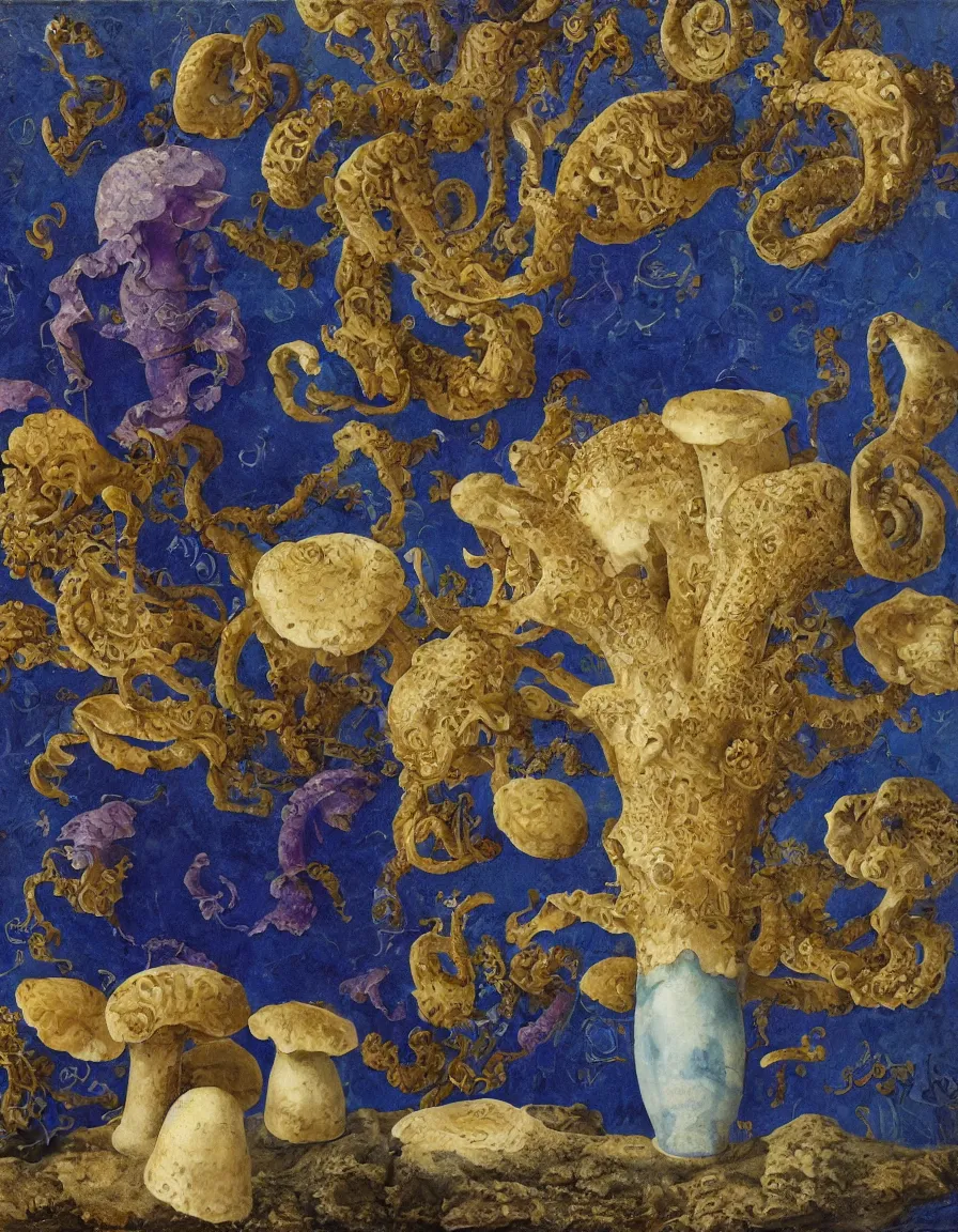 Image similar to vase of mushroom in a blue sky and under the sea decorated with a dense field of stylized scrolls that have opaque purple outlines, with jellyfishes, ambrosius benson, oil on canvas, hyperrealism, light color, no hard shadow, around the edges there are no objects