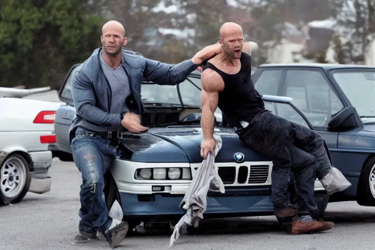 Image similar to Angry Jason Statham lifts BMW e30 in his arms,