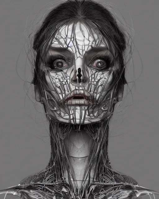 Prompt: Portrait of a woman with a skeletal hand on her face, digital art by DZO Oliver and Alex Nino and Randy Ortiz, intricate, elegant, highly detailed, digital painting, artstation, concept art, smooth, sharp focus, illustration