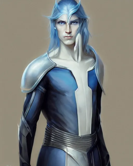 Prompt: character portrait of a ( slender young half elven man with ( white hair ) ( piercing blue eyes ) and ( pale blue skin ) ), wearing sleek pearlescent black armor, by greg rutkowski and mark brookes and jim burns and tom bagshaw and magali villeneuve, trending on artstation