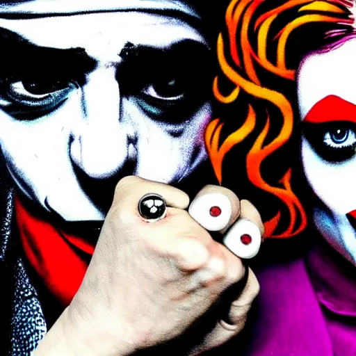 Prompt: mimmo rottela and banksy as joaquin phoenix skinny joker holding hand lady gaga harley queen, ultra realistic, intricate details, pop art style, concept art, 3 colors, 4 k, smooth, sharp focus