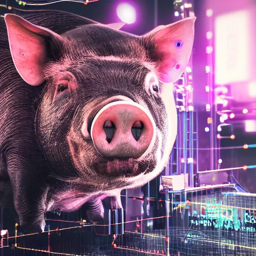 Image similar to a portrait photograph of a big aggressive male cyberpunk pig, circuit boards, motherboard, mainboard, wires, cable management, electrical wires, activity lights, cyberpunk, artstation, detail, hyperrealistic, digital photograph, natural light canon eos c 3 0 0, ƒ 1. 8, 3 5 mm, 8 k