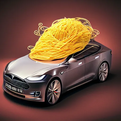 Prompt: tesla made of spaghetti, photo, high resolution, realistic, sharp, direct flash, color film photography, extremely detailed,