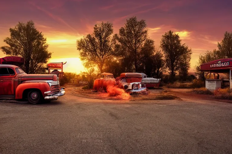 Image similar to a sunset light landscape with historical route 6 6, lots of sparkling details and sun ray ’ s, blinding backlight, smoke, volumetric lighting, colorful, octane, 3 5 mm, abandoned gas station, old rusty pickup - truck, beautiful epic colored reflections, very colorful heavenly, softlight