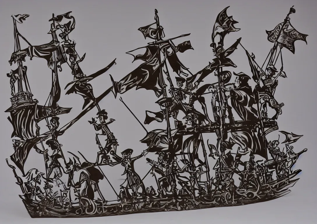 Prompt: a stylized cut paper sculpture of peter pan and captain hook sword fighting on a pirate ship