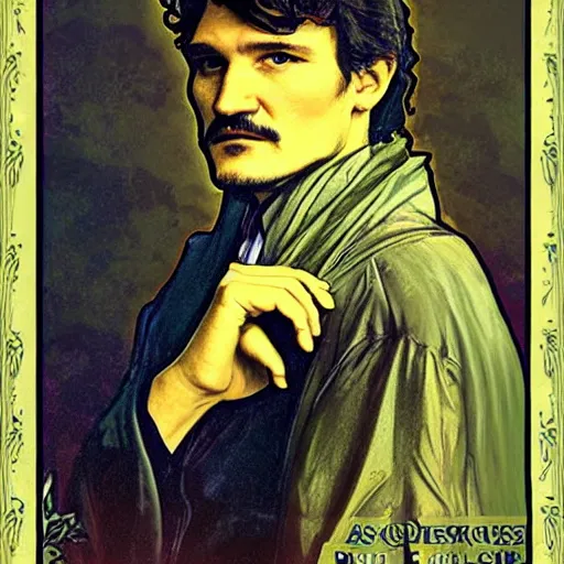 Image similar to pedro pascal portrait by louis - theophile hingre and alphonse mucha, realistic, sharp focus, zodiac signs, tarot cards, planets, ethereal, art nouveau, magic, moon, sun, crown, dreamy, royal, jewellery