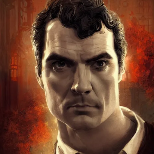 Image similar to portrait closeup henry cavil as sherlock Holmes puzzled as an epic idea, intricate detail, digital painting, old english, sepia, particles floating, whimsical background by marc simonetti, artwork by ross tran + ramond swanland + liam wong