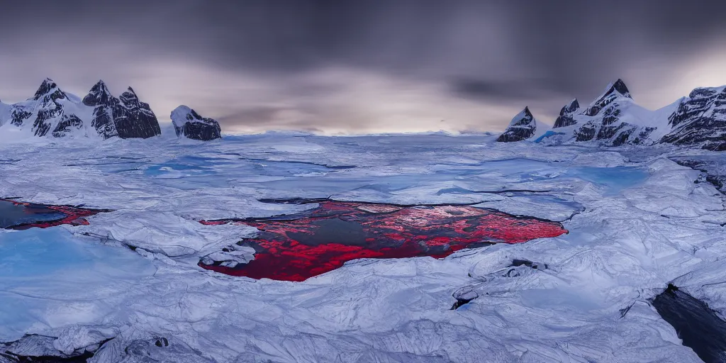 Prompt: a scenary of antartica with red snow, 8 k, detail, super detailed, awesome, award winning photography, 4 k hdr