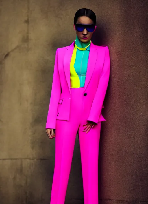 Image similar to trouser suit for a rave, bright colors, photo for a magazine, photo for a store, fashion photography, Vogue, 135 mm, cinematic, high detail, 8k, dynamic pose,Smooth skin, perfect face