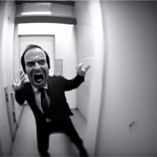 Image similar to crazy Saul Goodman screaming in an asylum room, shot from security camera, high shot