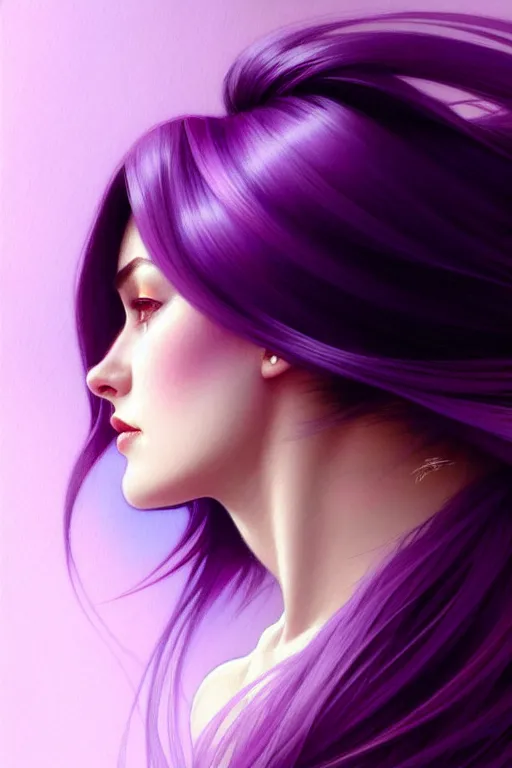 Image similar to Purple hair, creative colouring Portrait of woman face profile, fashion, colored strands of hair, intricate, elegant, highly detailed, digital painting, artstation, concept art, smooth, sharp focus, illustration, art by artgerm and greg rutkowski and alphonse mucha