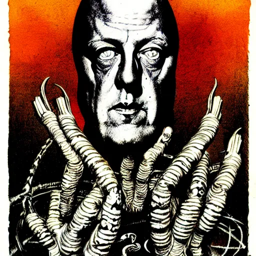 Image similar to graphic illustration, creative design, aleister crowley, biopunk, francis bacon, highly detailed, hunter s thompson, occult, magical, concept art