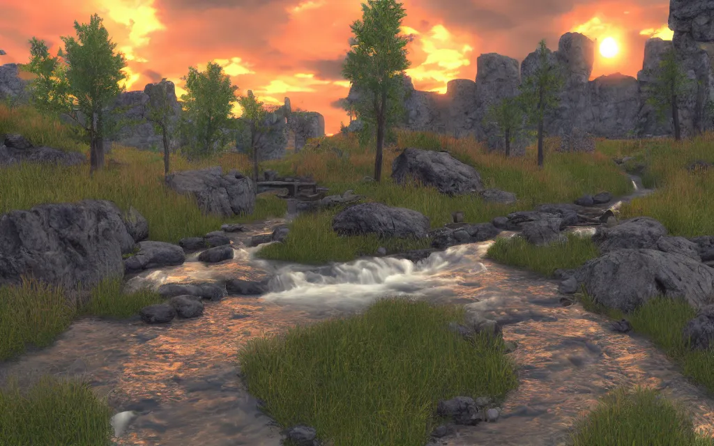 Prompt: a stream runs through a medieval village large orange sunset light clouds cows 3 d render skyrim