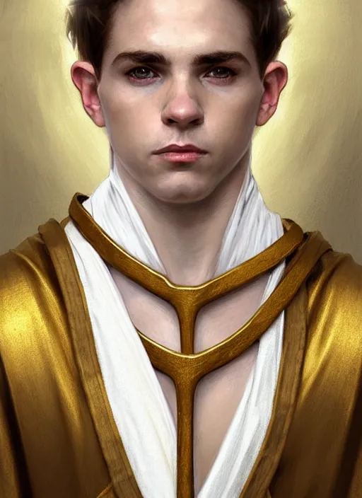 Image similar to symmetry!! portrait of a young halfling male cleric, white robe with gold accents, light brown hair pony tail, wry smirk, brown, gold and white cloak, necklace, elegant, highly detailed, digital painting, artstation, concept art, smooth, sharp focus, illustration, art by artgerm and greg rutkowski and alphonse mucha