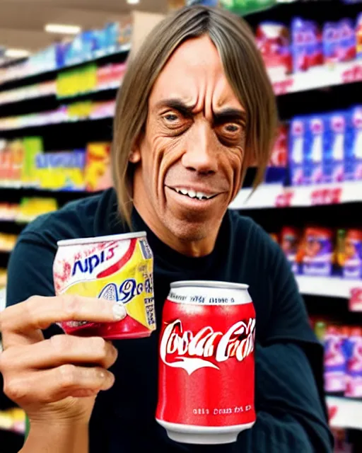 Image similar to a hand holding a soda can with iggy pop's face on the label, inside a supermarket