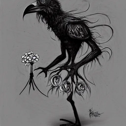 Prompt: surrealism grunge cartoon sketch of a raven monster with a wide smile holding flowers by - michael karcz, loony toons style, horror theme, detailed, elegant, intricate