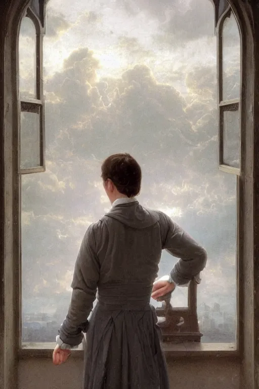 Prompt: museum painting, wide - shot, 1 4 years old very pale boy with dark blond hair, wearing grey, clothes of 1 8 th century, by the open window in a castle, bad weather, clouds and rain outside, sharp focus, highly detailed, digital art, oil painting, masterpiece, by artgerm, by greg rutkowski, by mucha, by kinkade