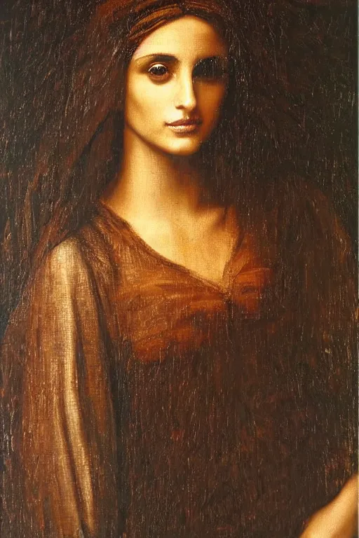 Image similar to oil painting, portrait of penelope cruz, artwork by leonardo da vinci