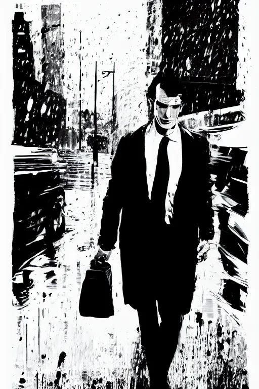 Image similar to black and white illustration of Patrick Bateman in a rainy street, neo noir style, Frank Miller creative design, Josep Tapiró Baró