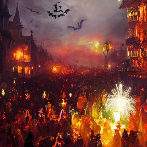 Prompt: halloween festival with colorful fireworks, 8 k octane beautifully detailed render, post - processing, extremely hyper - detailed, intricate, epic composition, cinematic lighting, masterpiece, trending on artstation, masterpiece, stunning art by anders zorn, wonderful masterpiece by greg rutkowski, beautiful cinematic