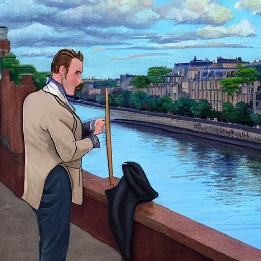 Image similar to mcgregor is dressed as a gentleman at early 2 0 th century paris. he is watching an easel. that easel has a canvas on it. ewan mcgregor has a brush on his hand. he is painting a painting. realistic painting with strong outlines. background has river seine, morning sun, dark clouds, by studio ghibli
