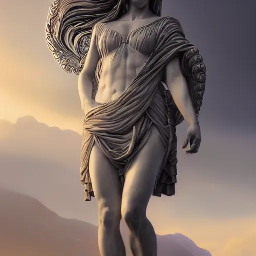 Prompt: A digital masterpiece illustration concept art of a giant statue of a Greek Goddess with its top in the heaven, symmetrical face, symmetrical body, taiga landscape + inspired art by by WLOP + Extremely detailed and intricate complexity + epic composition, magical atmosphere, cinematic lighting + wide long shot, wide angle + trending on artstation + 8k