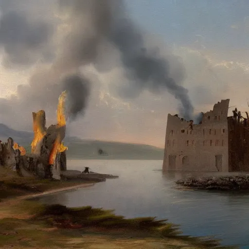 Prompt: an oil painting of a ruined castle on a lakeshore, fire, smoke