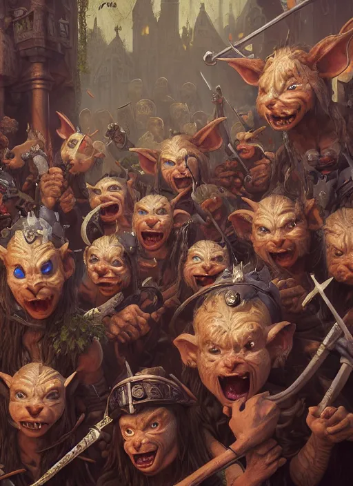 Prompt: highly detailed closeup group portrait of medieval goblins having a party, stephen bliss, unreal engine, greg rutkowski, ilya kuvshinov, ross draws, hyung tae and frank frazetta, tom bagshaw, tom whalen, nicoletta ceccoli, mark ryden, earl norem, global illumination, god rays, detailed and intricate environment