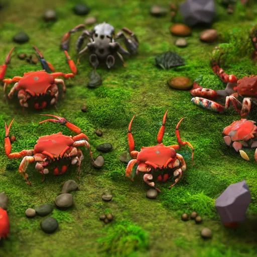 Image similar to voidless of the festival!, large group of crabs and worms, crawling along a bed of moss, low poly, creeper world, handcrafted, artstation, hyperrealistic, hard light, best practices, creeptastic, photorealism, macro perspective, cuddly