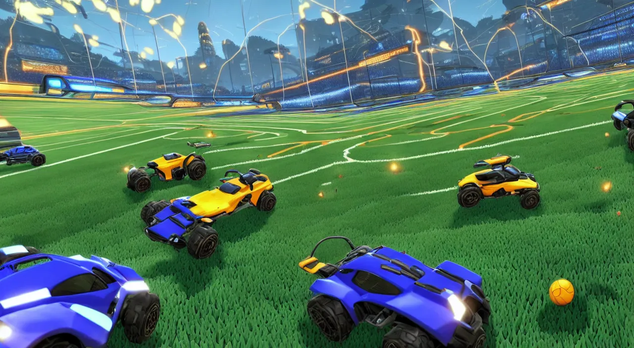 Image similar to a game of rocket league where the main characters from gta v are wandering across the field