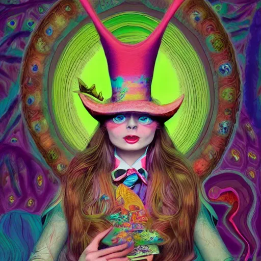 Image similar to an extremely psychedelic portrait of alice in wonderland, surreal, lsd, face, detailed, intricate, elegant, lithe, highly detailed, digital painting, artstation, concept art, smooth, sharp focus, illustration