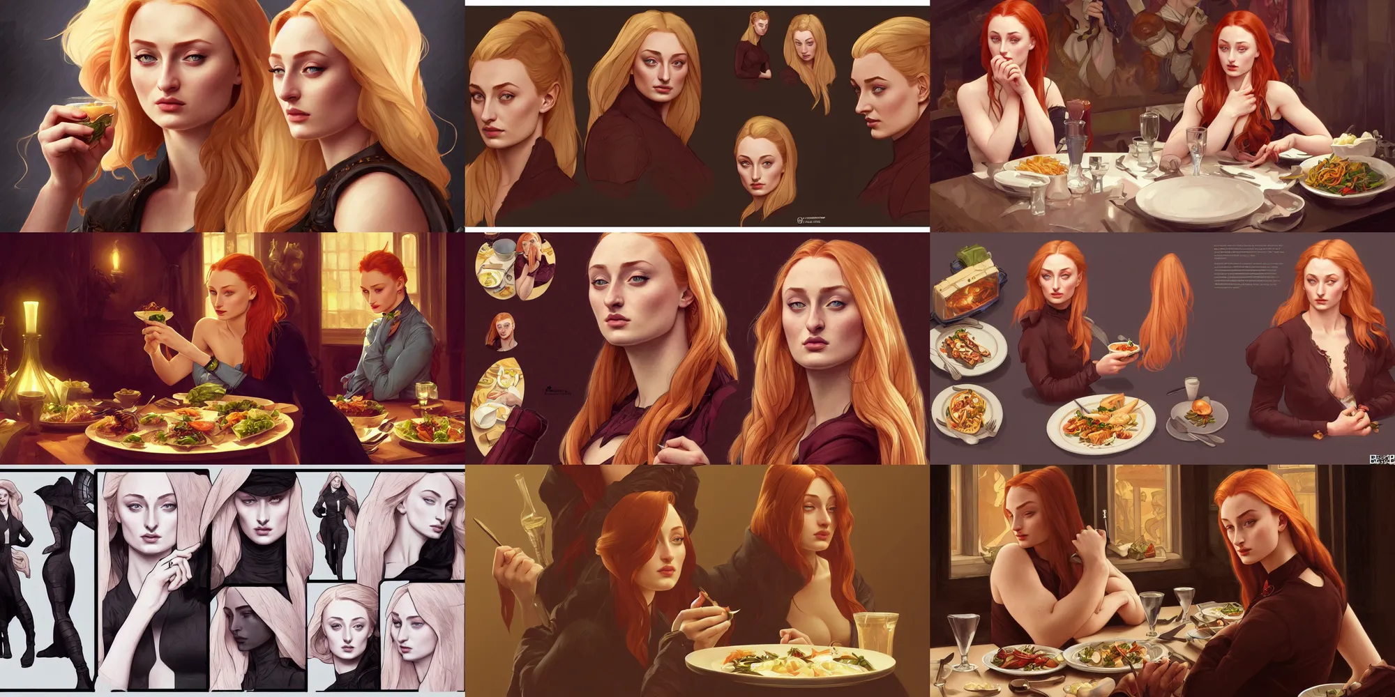 Prompt: sophie turner eating dinner, character sheet, character design, contrast, deep focus, turnaround, highly detailed, dramatic lighting, digital painting, artstation, concept art, matte, sharp focus, illustration, elegant, art by artgerm and greg f and alphonse mucha.