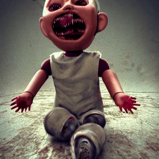 Image similar to this creepy doll has killed before and will kill again, horror, artstation, grainy, vhs, slightly out of focus, Dutch angle, gory