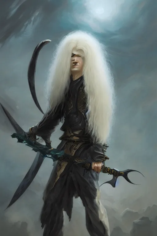 Image similar to fantasy painting of a long-haired albino with a black blade, painted by Bayard Wu, ultra detailed, 8k