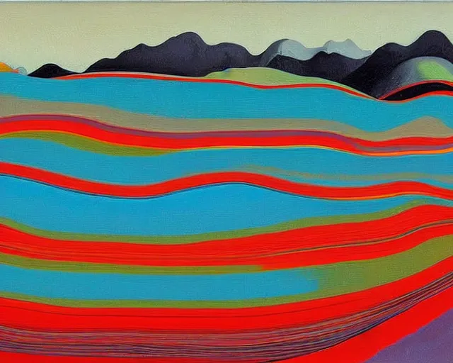 Image similar to A wild, insane, modernist landscape painting. Wild energy patterns rippling in all directions. Curves, organic, zig-zags. Saturated color. Mountains. Clouds. Rushing water. Wayne Thiebaud.