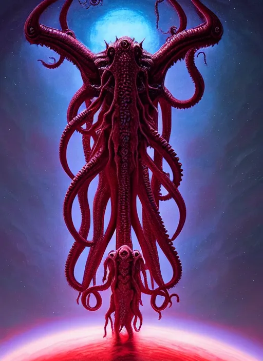 Image similar to symmetry!! stunning monstrous cosmic horror cthulhu with space in the background!! lovecraftian horror, cosmic space horror!! cinematic lighting, muted colours, digital art, winning award masterpiece, fantastically beautiful, aesthetically inspired by wayne barlowe and gerald brom, trending on artstation, art by greg rutkowski, octane render, unreal engine, 8 k