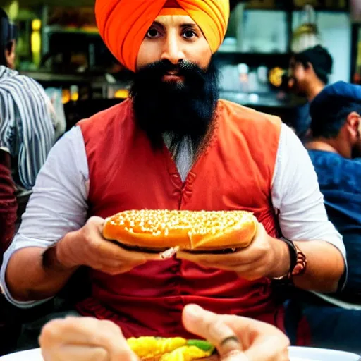 Prompt: sikh eating burger, still from dragonballz