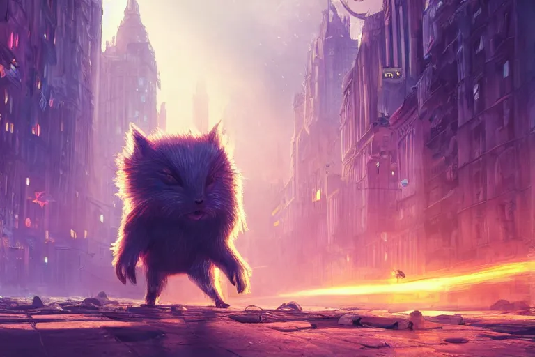 Image similar to a beautiful illustration of cute little creature lost in the big city, fantasy, epic lighting, cinematic composition, hyper realistic, 8 k resolution, unreal engine 5, artstation