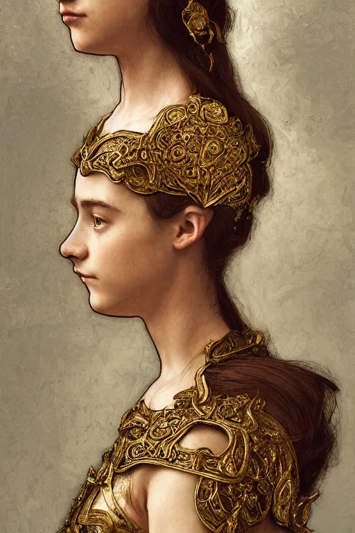 Image similar to a head and torso art nouveau portrait of a 16-year old girl who resembles Saoirse Ronan and Anya Taylor Joy with a worried, intense gaze, ornate intricate golden battle armor, intricate, elegant, highly detailed, digital painting, artstation, concept art, smooth, sharp focus, illustration, art by John William Waterhouse and Bouguereau and Donato Giancola and alphonse mucha