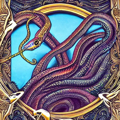 Image similar to a snake biting itself in the center of a tarot card, intricate details in the frames, 4k, high quality render.