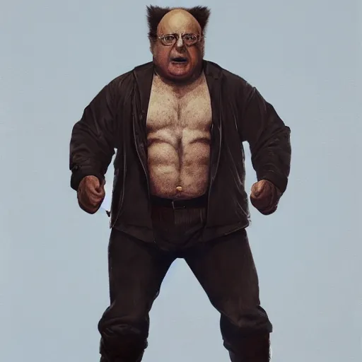 Image similar to danny devito as wolverine, full body portrait, full suit, claws out, oil on canvas, octane render, trending on artstation