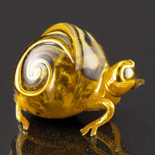 Prompt: a golden faberge snail on a black marble glossy pedestal