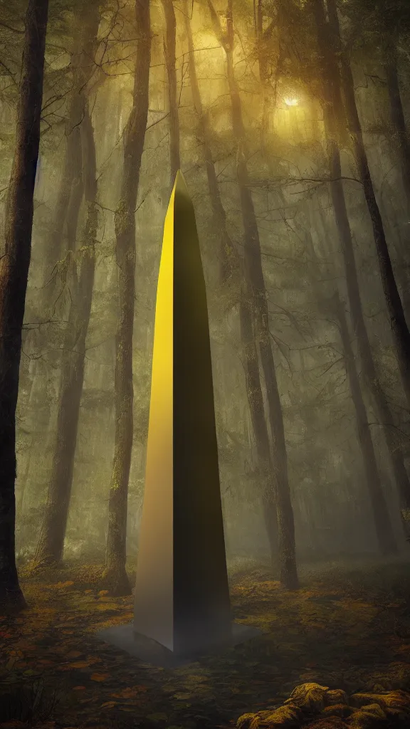 Prompt: a giant glowing yellow obelisk with inscriptions towering over a forest, ambient light, ultra detailed, fantasy artwork, 8k, very very very very very very very beautiful, trending on artstation, award winning, beautiful scenery.