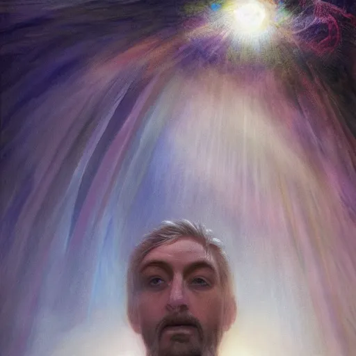 Image similar to the hyper - realistic portrait of god of dreams in a dreamy atmosphere, halo of light