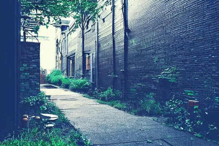 Prompt: small overgrown urban garden at twilight in Montreal backalley, brick wall, metal staircase, overcast sky, moonlight, volumetric lighting, cell-shading, blue and black color scheme