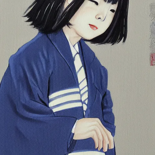 Image similar to a painting of Japanese schoolgirl, clothed, stylish